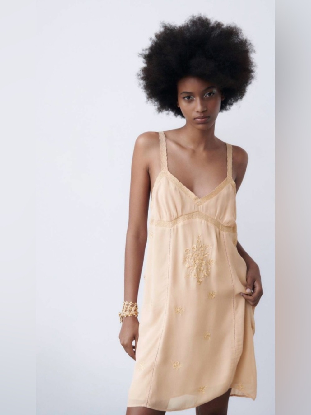 ZARA Beige Embroidered Floral Viscose Slip Dress